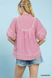 UMGEE Striped Puff Sleeve Babydoll Top on Simply Obsessed