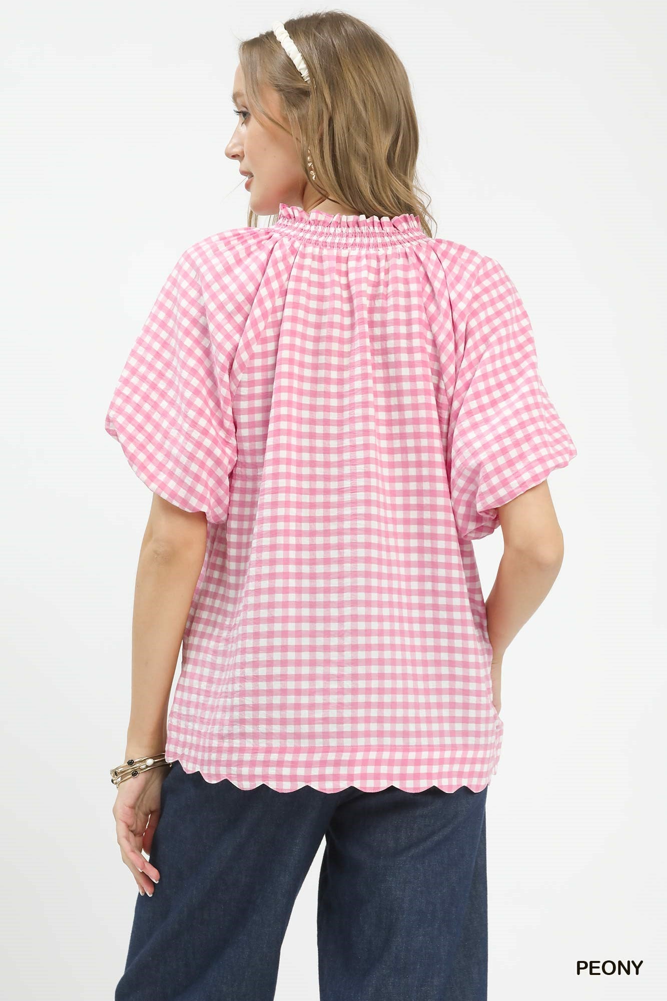 UMGEE Gingham Bubble Sleeve Blouse with Scallop Hem on Simply Obsessed