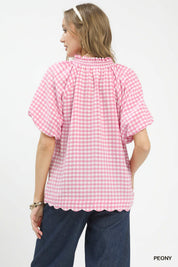UMGEE Gingham Bubble Sleeve Blouse with Scallop Hem on Simply Obsessed