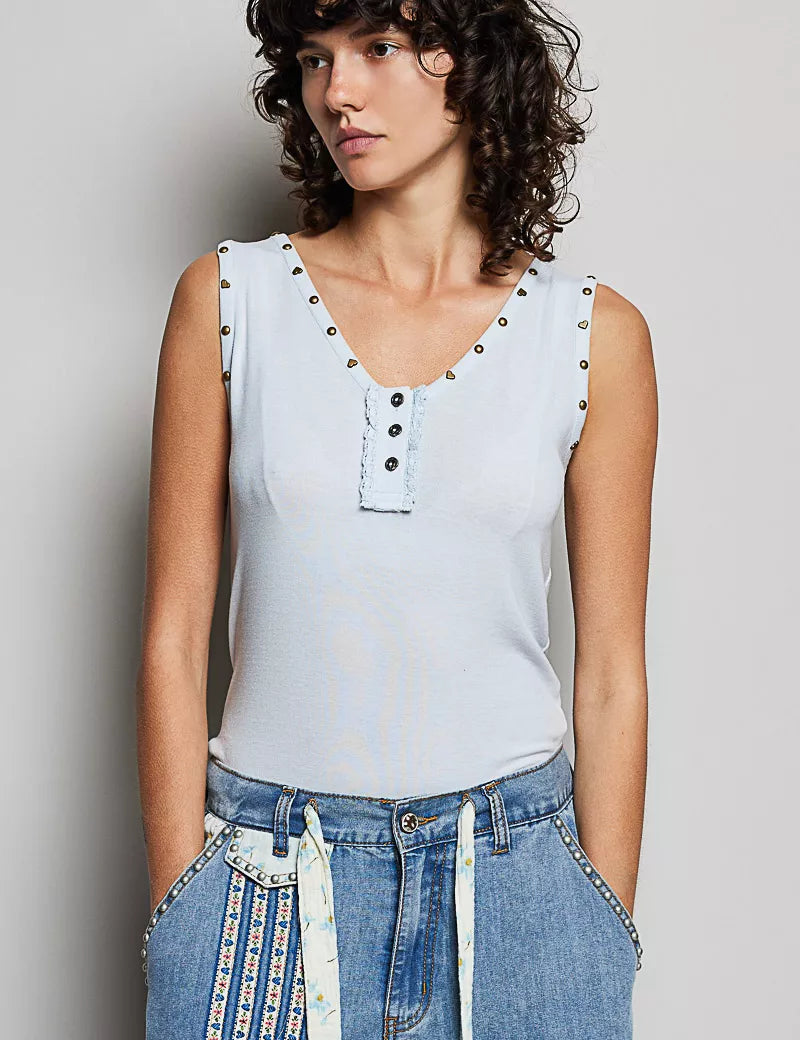 POL Studded Trim Button-Front Ruffle Detail Tank on Simply Obsessed