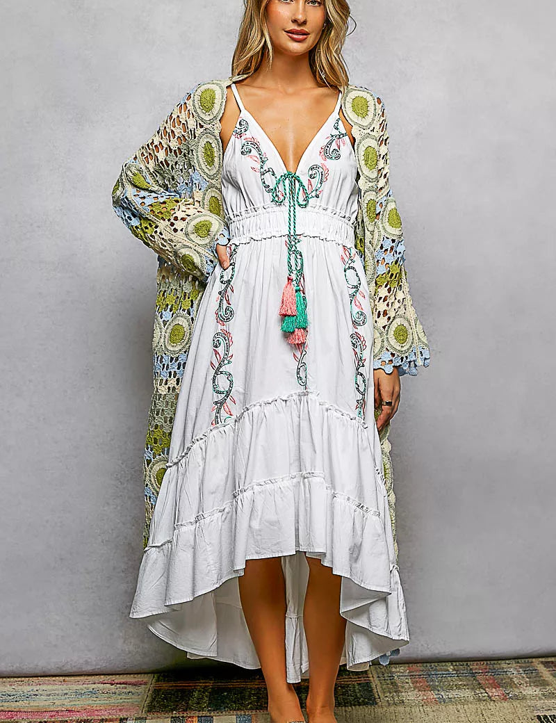 POL Scalloped Edge Open Front Crochet Cardigan with Colorful Stripe Pattern on Simply Obsessed