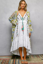 POL Scalloped Edge Open Front Crochet Cardigan with Colorful Stripe Pattern on Simply Obsessed