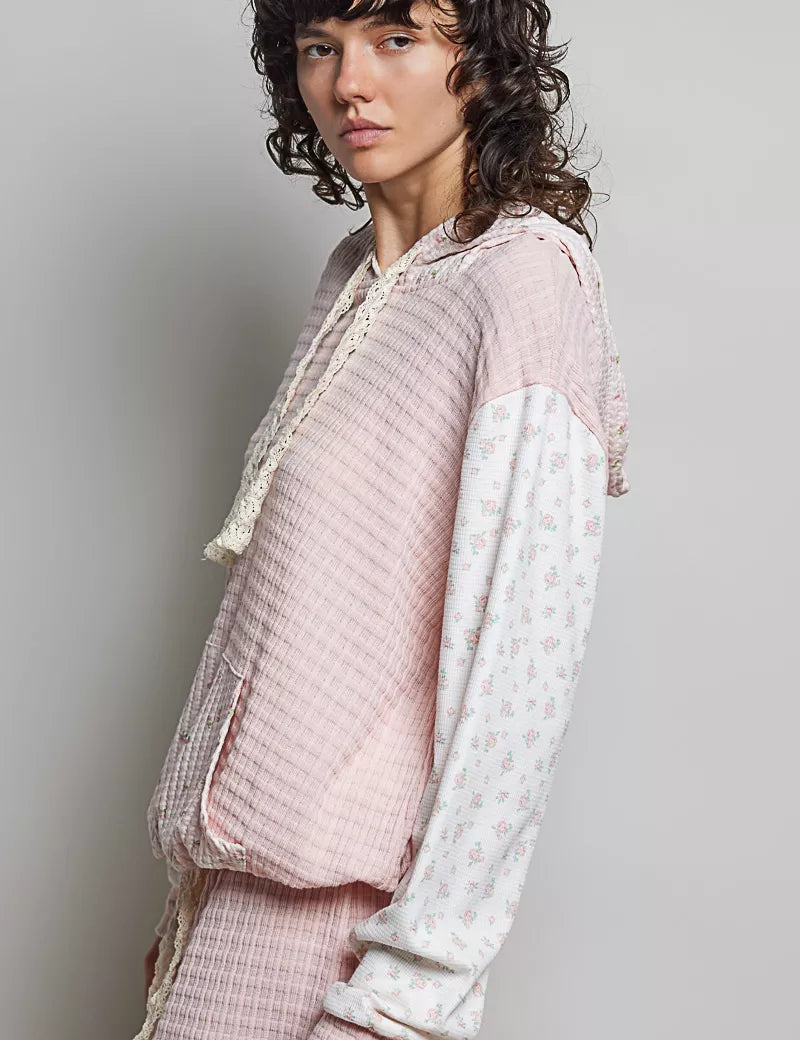 POL Mixed Knit Contrast Print Sleeve Hoodie with Kangaroo Pocket on Simply Obsessed