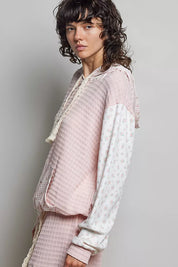 POL Mixed Knit Contrast Print Sleeve Hoodie with Kangaroo Pocket on Simply Obsessed