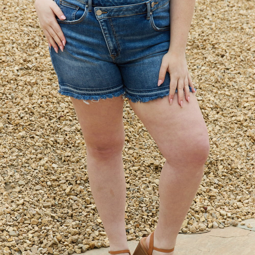 RISEN Maya Full Size Mid Rise Asymmetrical Shorts on Simply Obsessed