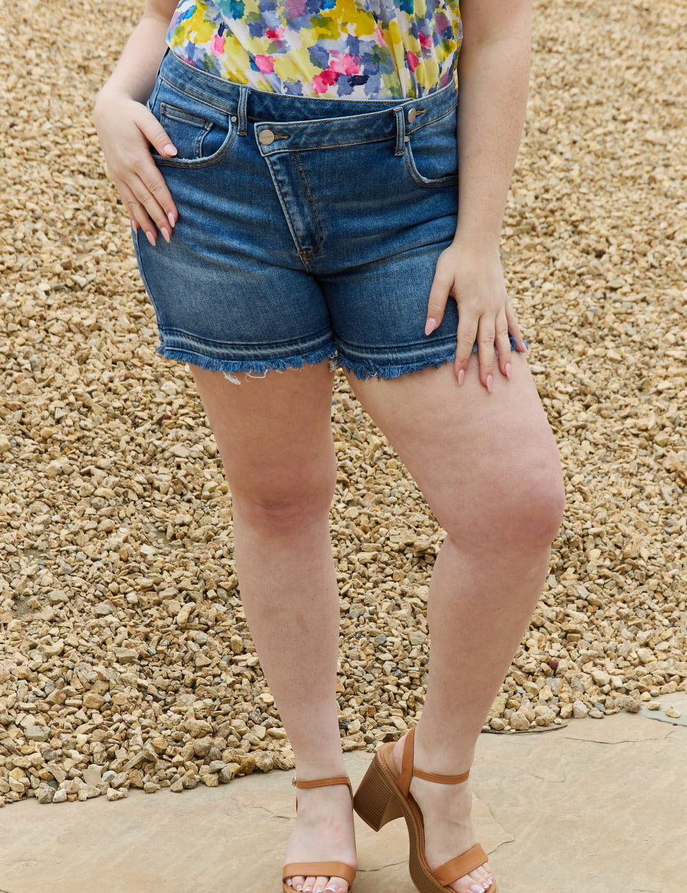 RISEN Maya Full Size Mid Rise Asymmetrical Shorts on Simply Obsessed