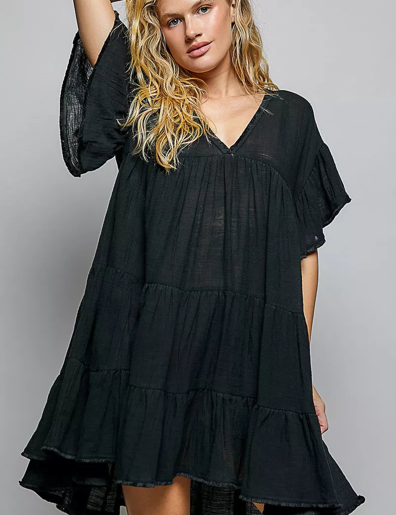 POL Ruffle Shirred V-Neck Short Sleeve Cotton Dress. **FALL DEBUT SALE** on Simply Obsessed