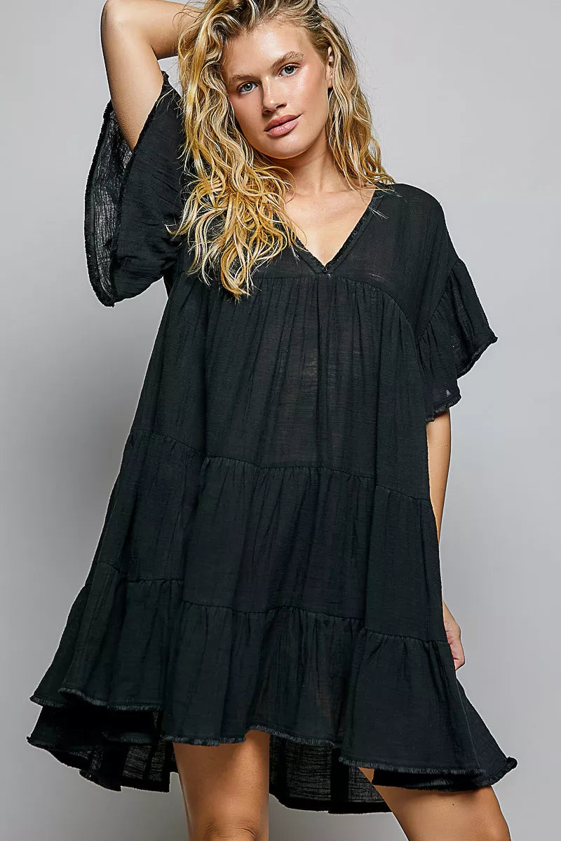 POL Ruffle Shirred V-Neck Short Sleeve Cotton Dress. **FALL DEBUT SALE** on Simply Obsessed