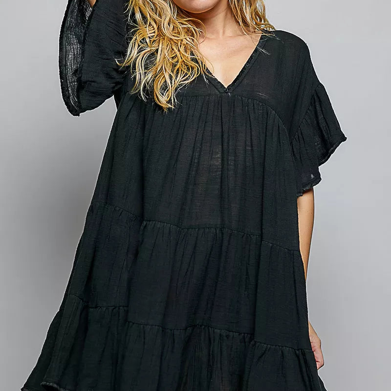 POL Ruffle Shirred V-Neck Short Sleeve Cotton Dress. **FALL DEBUT SALE** on Simply Obsessed