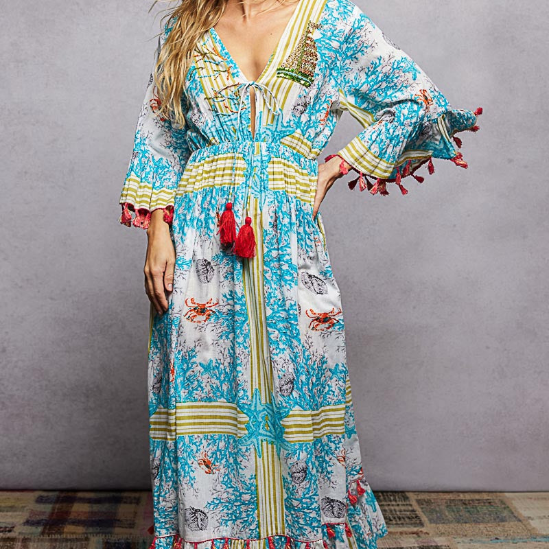 POL Bohemian Print Tassel Trim Maxi Dress on Simply Obsessed