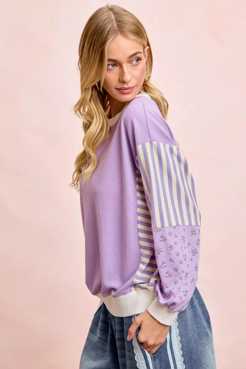 BiBi Mix and Match Sweatshirt with Floral Sleeve Striped on Simply Obsessed