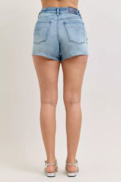 JUDY BLUE Hw Rigid Magic Cut Off Denim Shorts with Raw Side Seams on Simply Obsessed