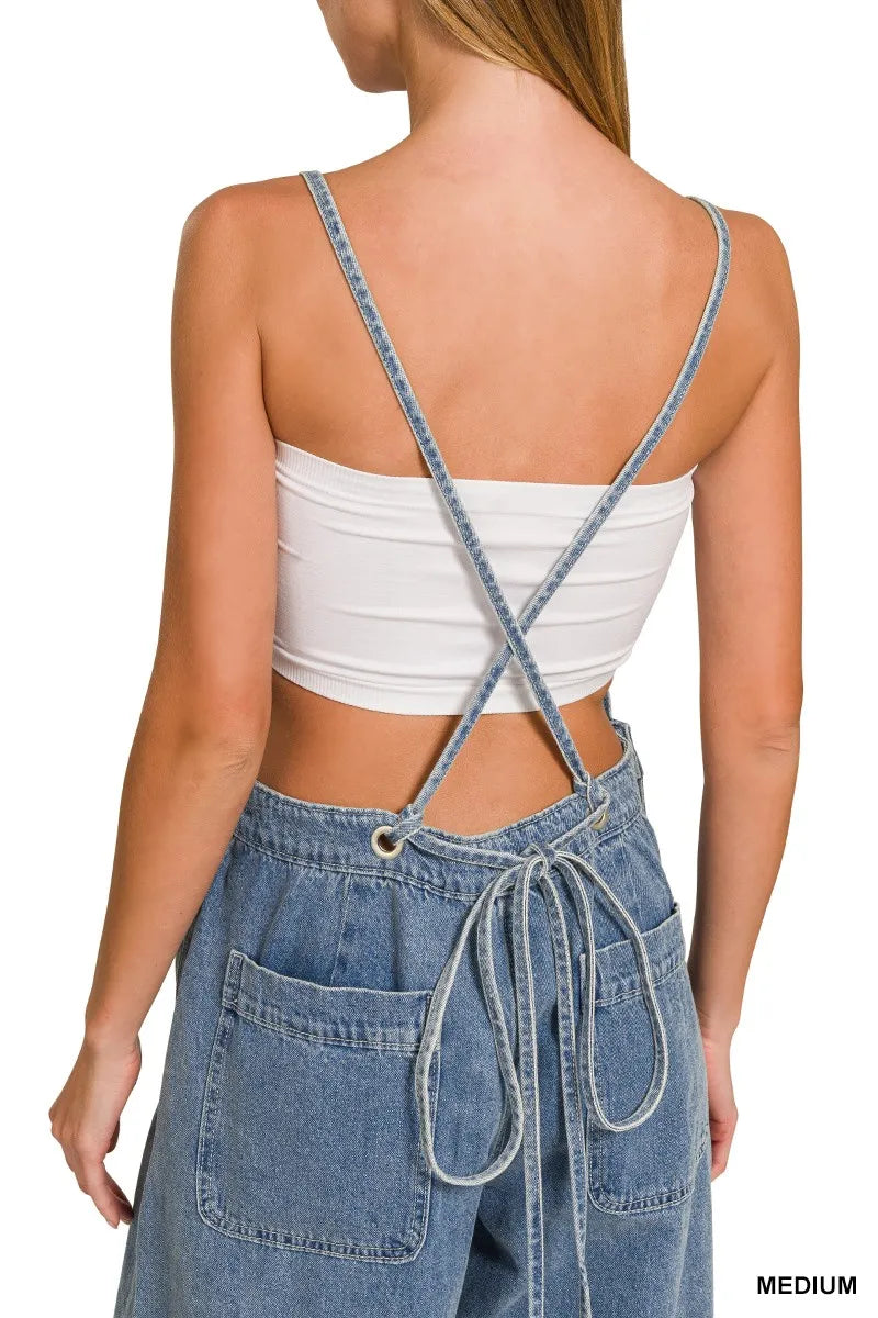 ZENANA Denim Medium Washed Wide Leg Overalls on Simply Obsessed