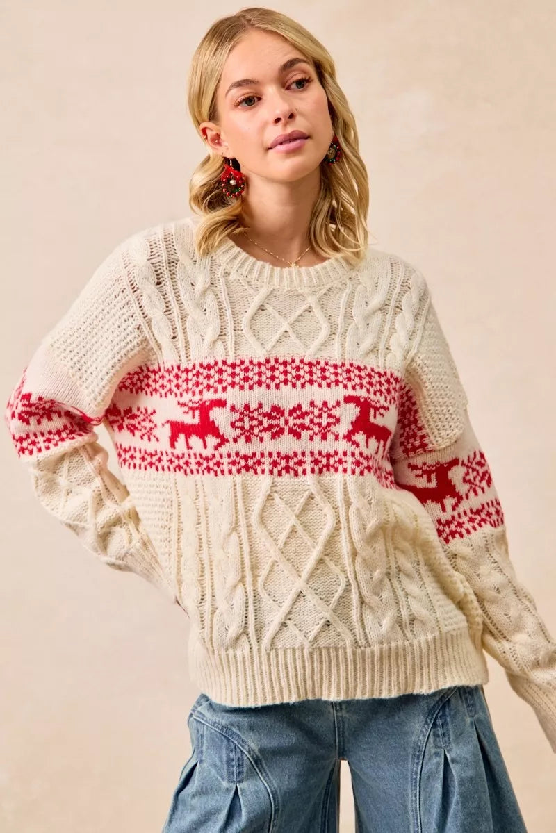 BIBI Christmas Theme Patterned Cable Knit Sweater on Simply Obsessed