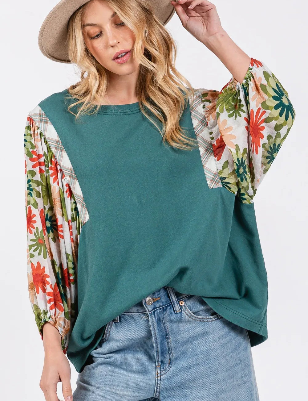 SAGE + FIG Full Size Printed Balloon Sleeve Contrast Top. **FALL DEBUT SALE** on Simply Obsessed