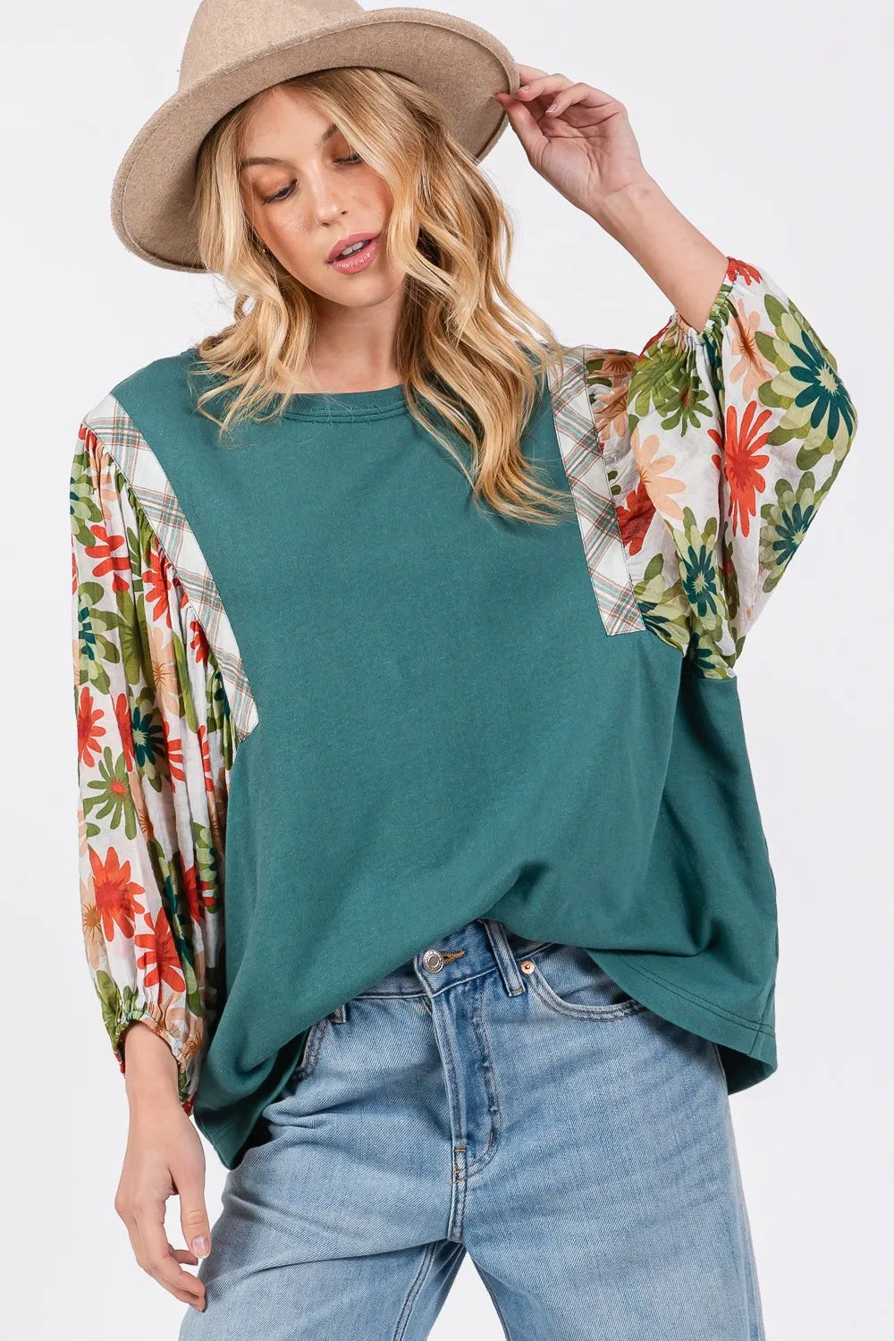 SAGE + FIG Full Size Printed Balloon Sleeve Contrast Top. **FALL DEBUT SALE** on Simply Obsessed