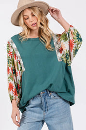 SAGE + FIG Full Size Printed Balloon Sleeve Contrast Top. **FALL DEBUT SALE** on Simply Obsessed