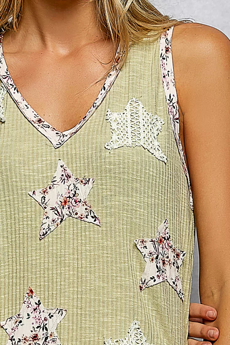 POL Floral Print Star Patch V-Neck Ribbed Tank on Simply Obsessed