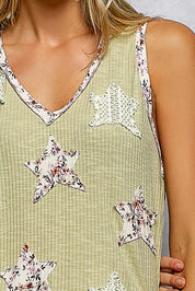 POL Floral Print Star Patch V-Neck Ribbed Tank on Simply Obsessed