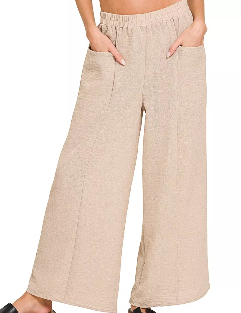 Zenana Woven Airflow Elastic Waistband Pants on Simply Obsessed
