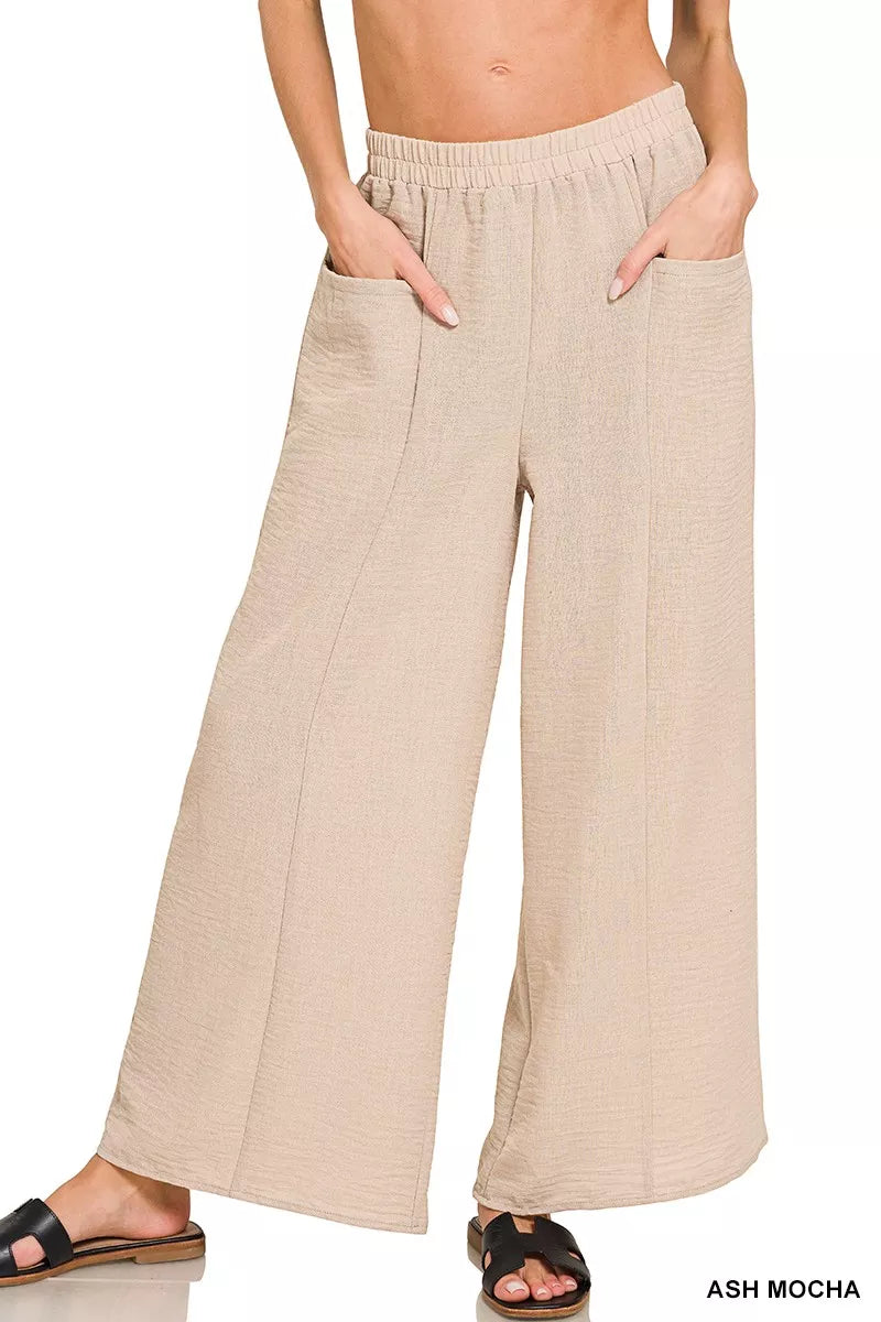 Zenana Woven Airflow Elastic Waistband Pants on Simply Obsessed