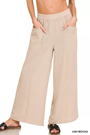 Zenana Woven Airflow Elastic Waistband Pants on Simply Obsessed