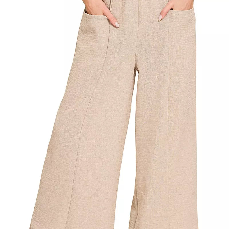 Zenana Woven Airflow Elastic Waistband Pants on Simply Obsessed