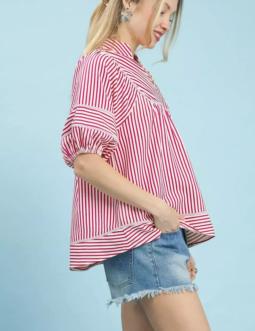 UMGEE Striped Puff Sleeve Babydoll Top on Simply Obsessed