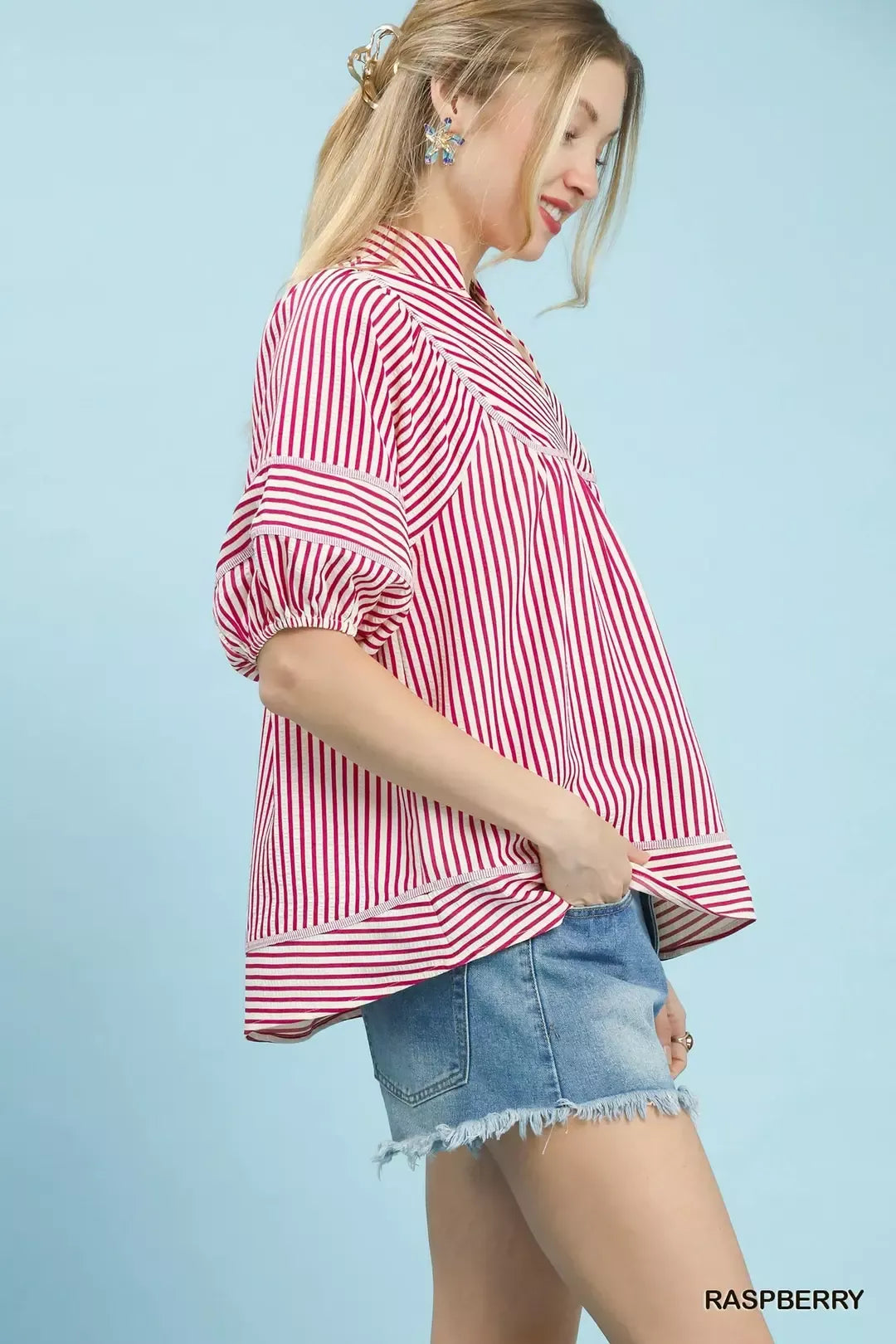 UMGEE Striped Puff Sleeve Babydoll Top on Simply Obsessed