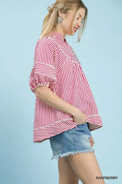 UMGEE Striped Puff Sleeve Babydoll Top on Simply Obsessed