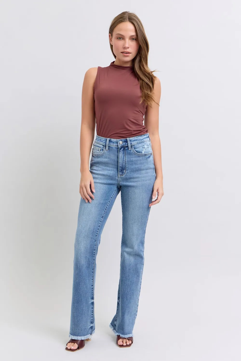 Judy Blue Full Size Raw Hem High Rise Bootcut Jeans on Simply Obsessed