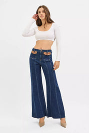 RISEN High Rise Wide Flare Jeans with Front Leather Pocket Detail on Simply Obsessed