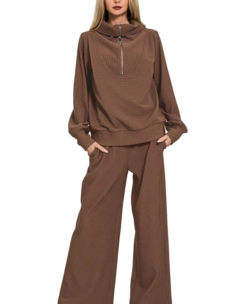 Zenana Ribbed High Neck Half Zip Pullover & Pants Set on Simply Obsessed