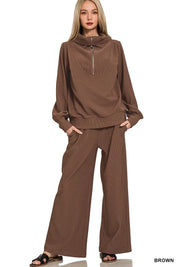Zenana Ribbed High Neck Half Zip Pullover & Pants Set on Simply Obsessed