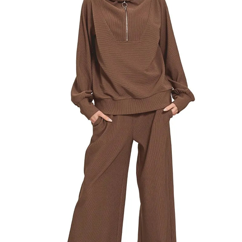 Zenana Ribbed High Neck Half Zip Pullover & Pants Set on Simply Obsessed