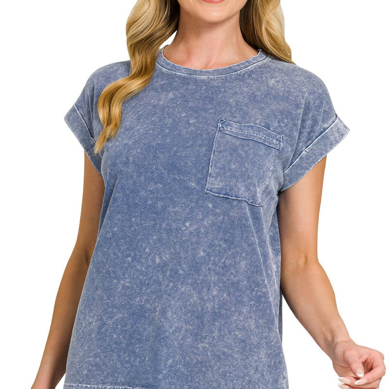 ZENANA Halo Snow Washed Cuffed Short Sleeve Tee on Simply Obsessed