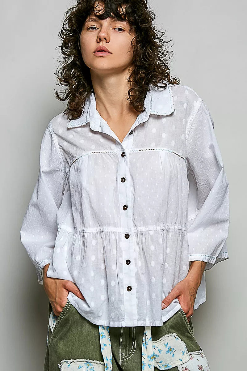 POL Tonal Dot Weave Textured Button Front Shirt on Simply Obsessed