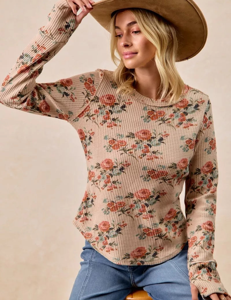 BIBI Floral Print Washed Waffle Thermal Top with Thumb on Simply Obsessed
