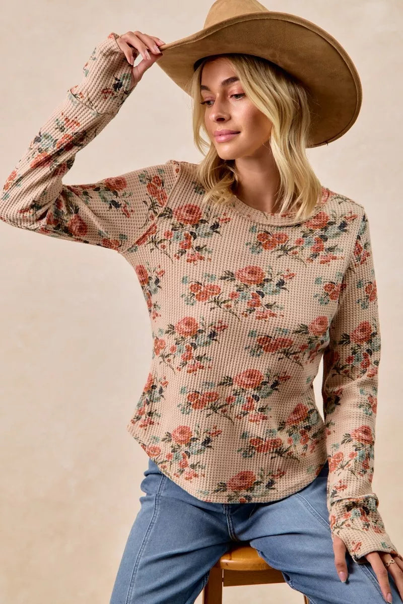 BIBI Floral Print Washed Waffle Thermal Top with Thumb on Simply Obsessed