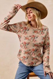 BIBI Floral Print Washed Waffle Thermal Top with Thumb on Simply Obsessed