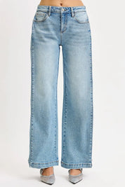 RISEN Mid Rise Wide Barrel Transferable Leg Snap Jeans on Simply Obsessed
