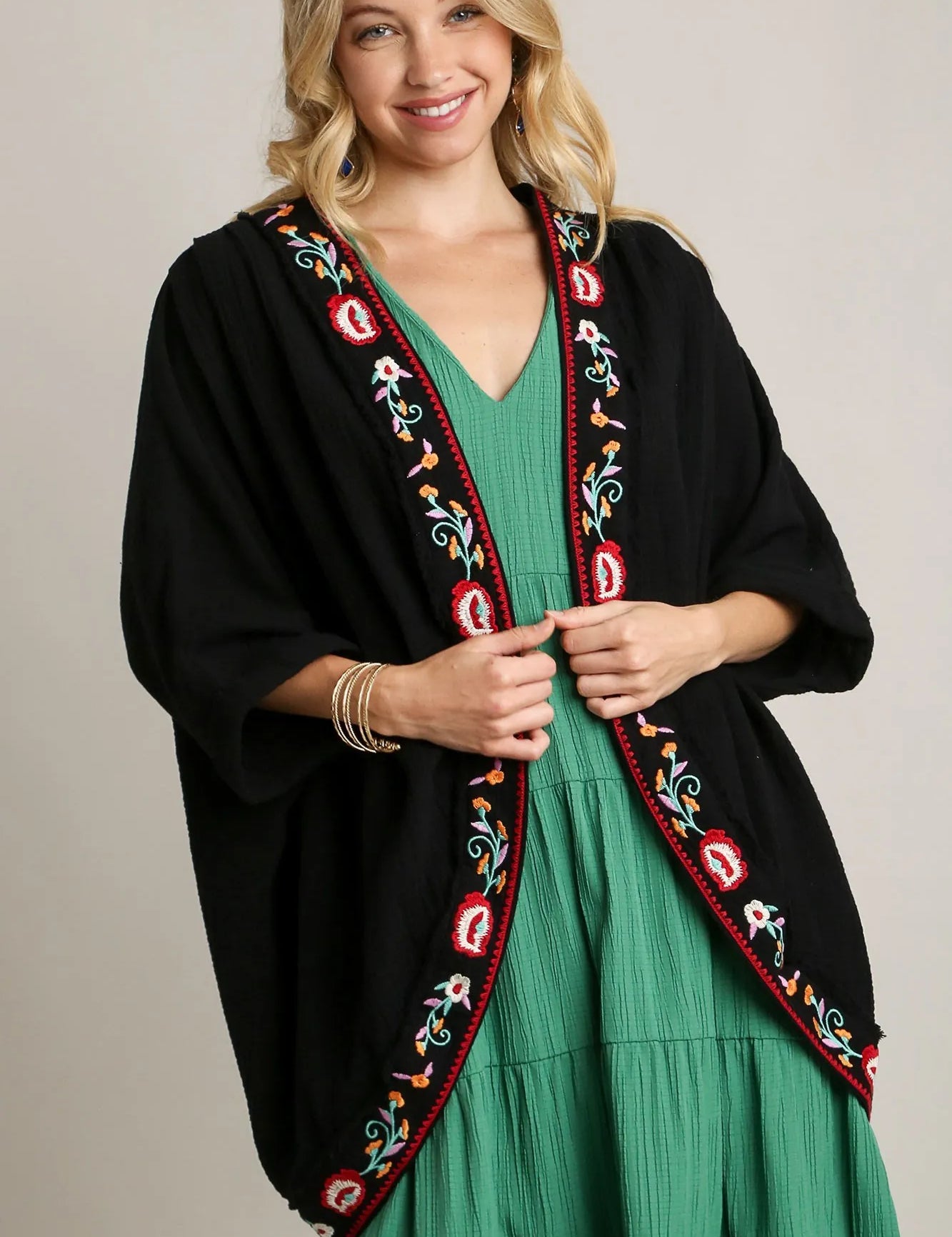 Umgee Embroidery Open Front Kimono with Pleated Shoulder Detail on Simply Obsessed