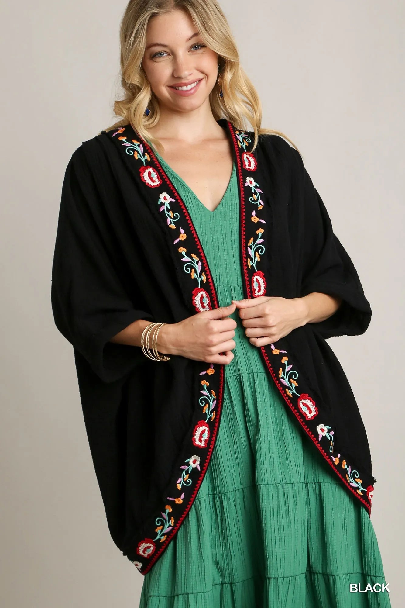 Umgee Embroidery Open Front Kimono with Pleated Shoulder Detail on Simply Obsessed