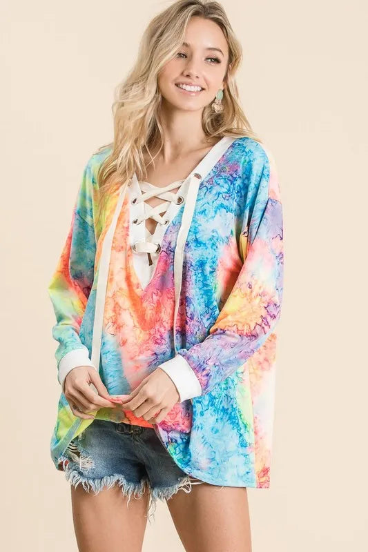BiBi Tie Dye Deep V-neck Top With Lace Up Front on Simply Obsessed