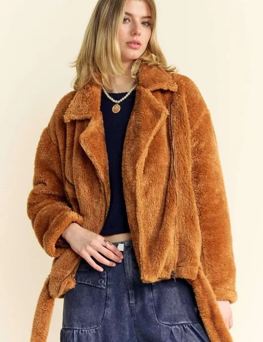 DAVI & DANI Fuzzy Zip Up Collared Neck Jacket on Simply Obsessed