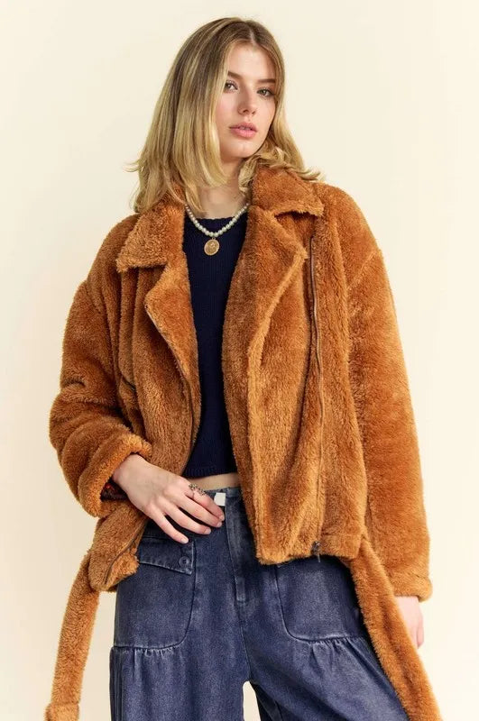 DAVI & DANI Fuzzy Zip Up Collared Neck Jacket on Simply Obsessed