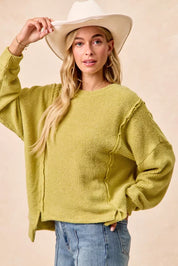 BIBI Boucle Rib Knit Uneven Hem Sweater With Open Seam on Simply Obsessed