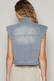 POL Assymetrical Front Closure Raw Hem Denim Vest on Simply Obsessed