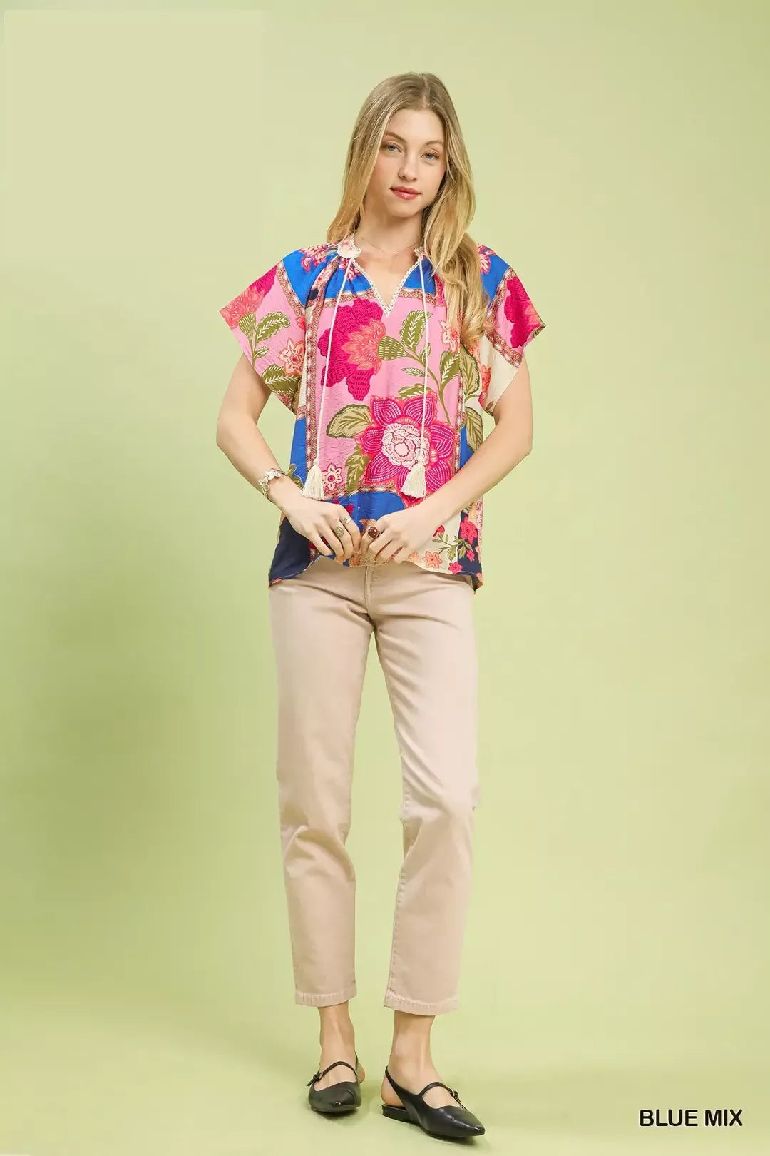 UMGEE Mix Floral Patchwork Tassel Tie Top on Simply Obsessed
