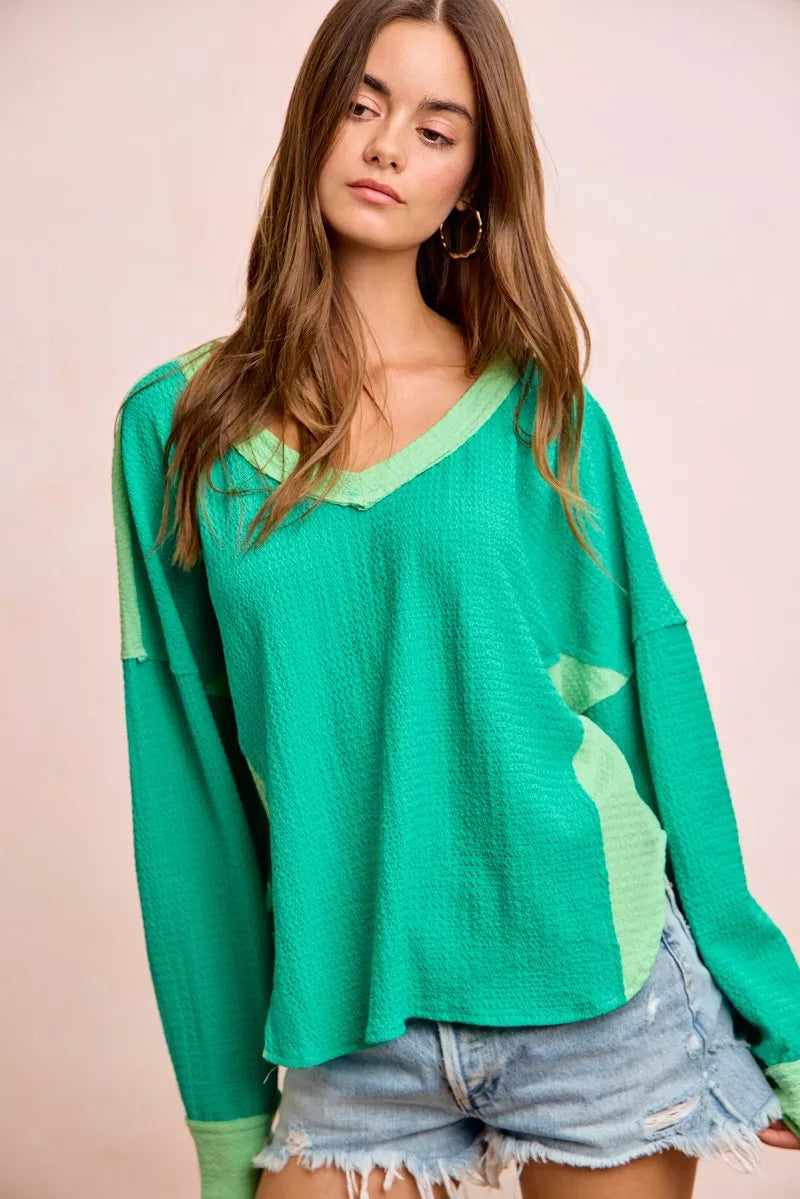 BIBI Textured Jersey Color Block Top With Cut Edge on Simply Obsessed